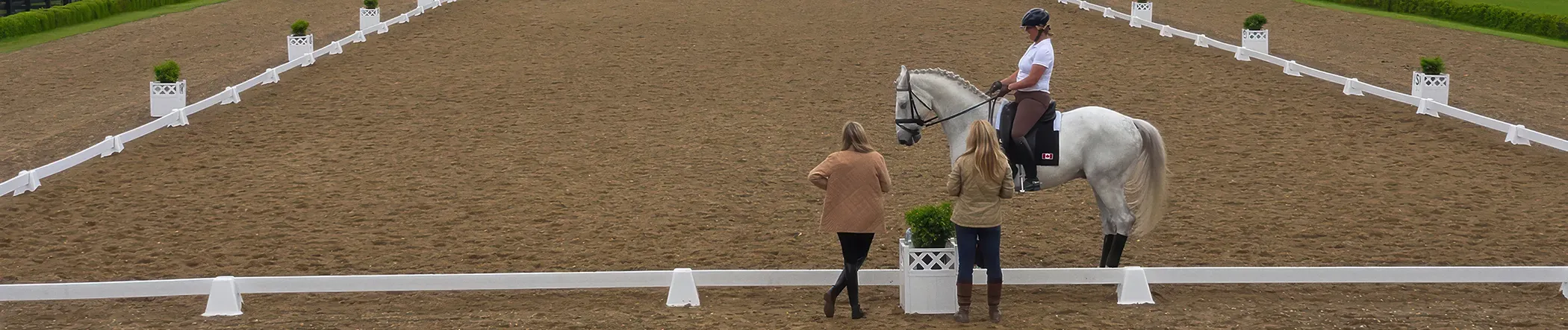 Dust-free footing blend in an outdoor dressage arena. Rider and trainers alongside the ring.