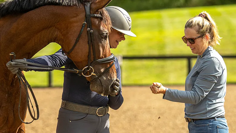 Consultation with FootingFirst® arena expert and riding professional rider at Blue Wood Farm. TravelRight™ arena footing in outdoor arena.